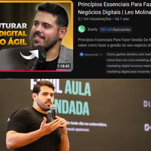 Léo Molina em conversa publicada pela Kiwify e numa palestra presencial