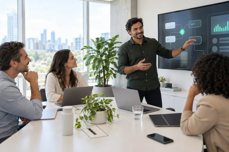 Consultor apresentando um painel de agentes pra uma equipe